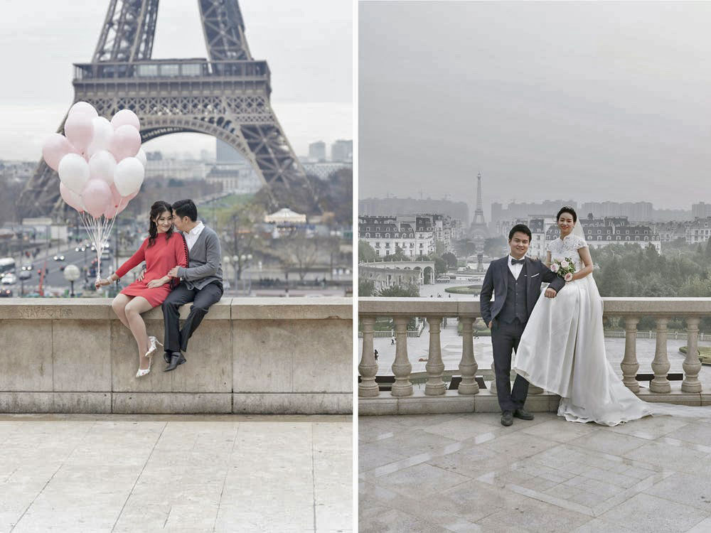 Khu vực nhìn ra tháp Eiffel thật và giả cũng luôn có nhiều cặp đôi đến chụp ảnh cưới hoặc lưu niệm.